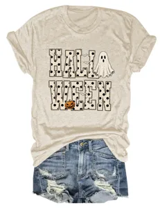 Women Halloween Ghost Pumpkin Graphic Short Sleeve Round Neck Casual T-Shirt Tops