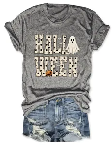 Women Halloween Ghost Pumpkin Graphic Short Sleeve T-Shirt Casual Grey Tee Top Detail View