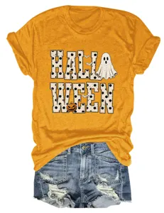 Women short sleeve round neck yellow t-shirt with spooky halloween ghost pumpkin graphic casual.