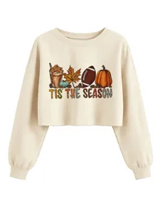 Sweatshirt court imprimé automne femme élégant pull casual à manches longues beige