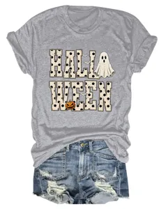 Casual grey short sleeve t-shirt with halloween ghost and pumpkin graphic print top.