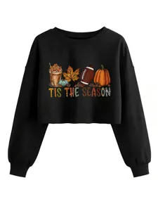 Sweatshirt court noir décontracté avec imprimé graphique de citrouille d'automne, haut.