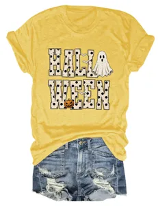 Women Halloween Ghost Pumpkin Print Short Sleeve T-Shirt Casual Round Neck Yellow Tee Top