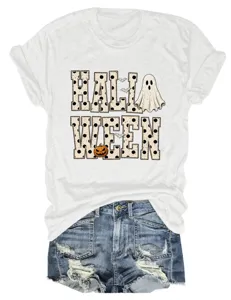 Women Cute Halloween Ghost Pumpkin Graphic Short Sleeve Casual Round Neck Tee Top