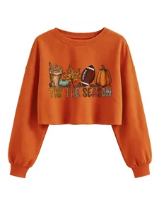 Vue détaillée du sweat orange court avec un imprimé graphique d'automne et du texte.
