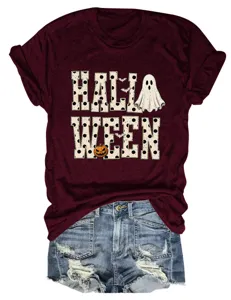 Women Halloween Ghost Pumpkin Short Sleeve T-Shirt Casual Round Neck Casual Tee Top