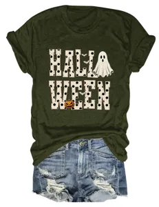Army green Halloween ghost pumpkin graphic tee detail view showing seasonal cute print design.
