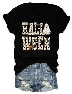 Women's Halloween short sleeve graphic t-shirt with spooky ghost and pumpkin print casual top.