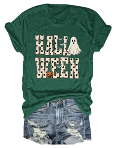 Close-up detail of dark green Halloween short sleeve t-shirt featuring cute ghost graphic.