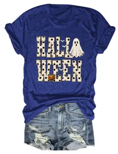 Women Halloween spooky ghost pumpkin graphic short sleeve round neck royal blue t-shirt