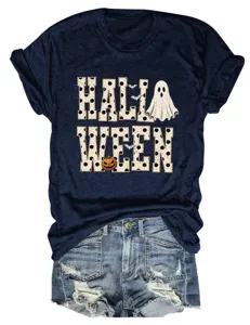 Women Halloween Ghost Pumpkin Print Round Neck Short Sleeve T-Shirt Dark Blue Casual Top