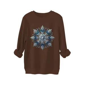 Dames casual winter warme bruine sweatshirt met blauwe sneeuwvlok grafische print lange mouw