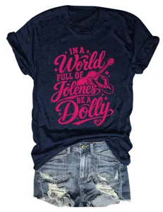 Women's short sleeve crewneck t-shirt paired with denim shorts, casual graphic tee apparel.
