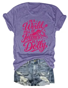 Purple short sleeve graphic tee paired with distressed denim shorts for casual daily wear.