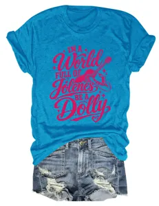 Vibrant blue short sleeve t-shirt with pink graphic text and stylish denim shorts.