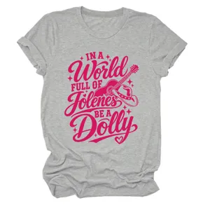 Grey short sleeve t-shirt with graphic print, casual round neck top for women daily wear.