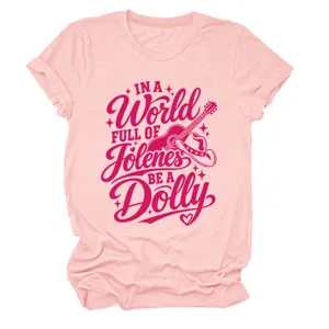 Pink short sleeve t-shirt detail showing country music graphic print and soft cotton fabric.