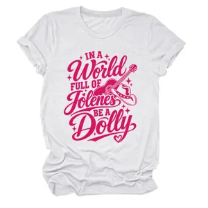 Close-up detail of white short-sleeve t-shirt with pink graphic text and guitar print.