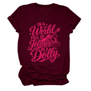 Burgundy short sleeve t-shirt detail featuring pink Dolly graphic and retro music slogan.