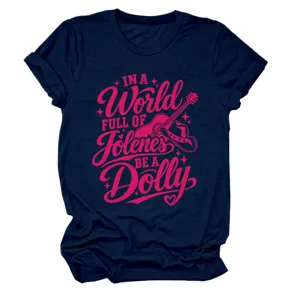 Detailed close-up of the graphic print and navy fabric on the women's novelty t-shirt.