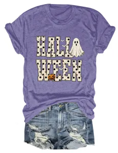 Detailed view of the purple Halloween graphic T-shirt with cute ghost and pumpkin print.