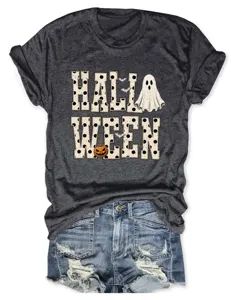 Women Halloween Ghost Pumpkin Graphic Short Sleeve T-Shirt Paired with Denim Shorts