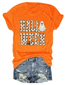 Women Halloween ghost pumpkin print short sleeve crewneck orange t-shirt casual top