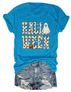 Women's blue Halloween ghost pumpkin graphic short sleeve round neck casual t-shirt