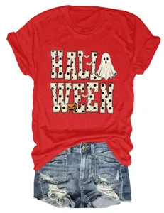 Women Halloween Ghost Pumpkin Red Short Sleeve T-Shirt Casual Holiday Cute Tee Top