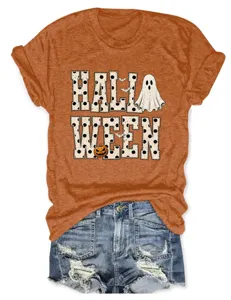 Women's Cute Halloween Ghost Pumpkin Short Sleeve T-Shirt Casual Crew Neck Summer Tee Top