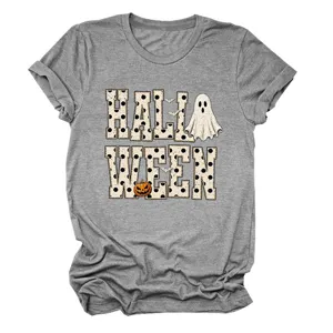 Women's Halloween ghost pumpkin print short sleeve grey t-shirt casual holiday top