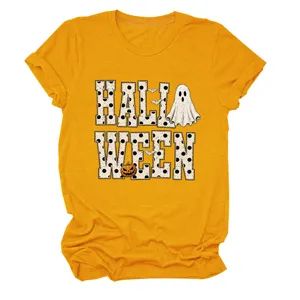 Halloween ghost pumpkin print yellow short sleeve t-shirt casual top for women detail