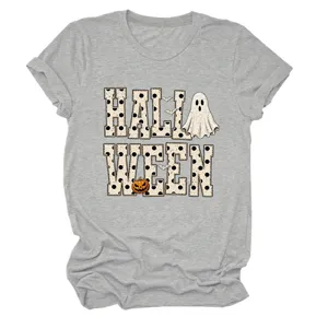 Grey short sleeve t-shirt for women featuring cute ghost and pumpkin Halloween print.