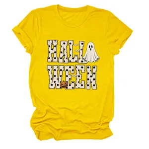 Women's yellow short sleeve T-shirt with cute Halloween ghost and pumpkin graphic print.