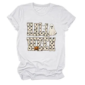 Women Halloween Ghost Pumpkin Print Crewneck Short Sleeve T-Shirt Casual Cute Tee Top