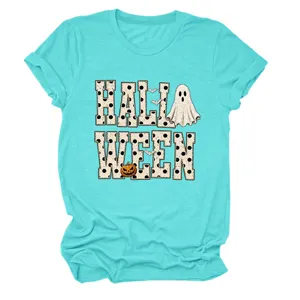 Women Halloween Ghost Pumpkin Short Sleeve T-Shirt Casual Cute Holiday Crewneck Top Tee