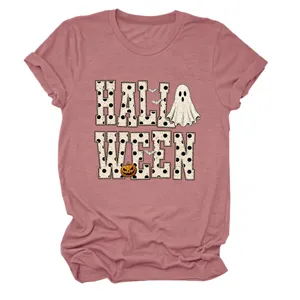 Women casual short sleeve t-shirt with cute Halloween ghost pumpkin graphic print top.