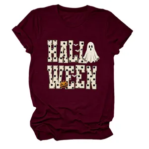 Burgundy women's crewneck short sleeve t-shirt featuring fun Halloween ghost pumpkin graphic print.