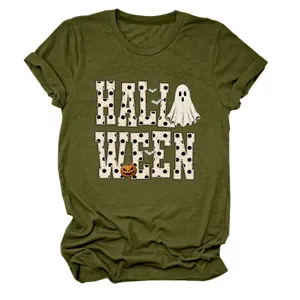 Women's Halloween Ghost Pumpkin Print Short Sleeve T-Shirt Casual Round Neck Tee