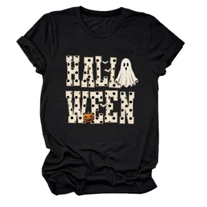 Women halloween ghost pumpkin graphic t-shirt casual short sleeve crewneck top black