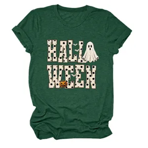 Detail view of the dark green t-shirt featuring a spooky Halloween ghost and pumpkin graphic print.