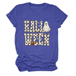 Women Halloween Ghost Pumpkin Print Short Sleeve T-Shirt Casual Round Neck Casual Tee Top
