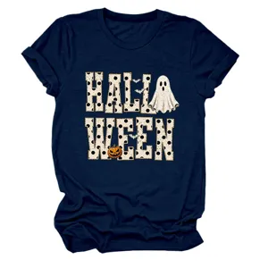 Close-up detail of the Halloween themed navy short sleeve t-shirt featuring ghost and pumpkin print.