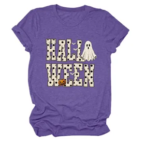 Halloween ghost pumpkin graphic print women short sleeve t-shirt detail view and fabric close up