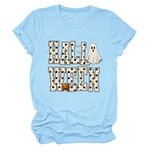 Light blue women short sleeve t-shirt with cute Halloween ghost and pumpkin graphic print.