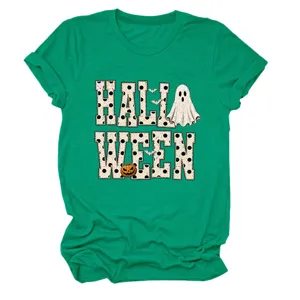 Details of the green short sleeve t-shirt with halloween ghost and pumpkin graphic print.