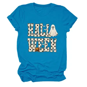 Women Halloween Ghost Pumpkin Print Short Sleeve Crew Neck T-Shirt Casual Blue Top
