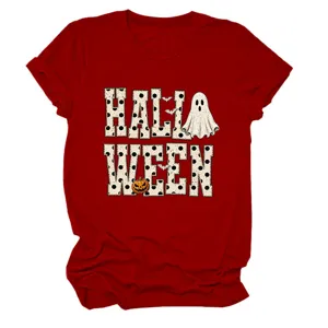 Halloween ghost pumpkin graphic short sleeve red t-shirt casual women holiday top apparel