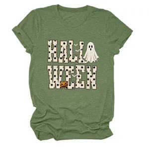 Green women short sleeve t-shirt with Halloween ghost and pumpkin print graphic casual top.