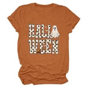 Close-up detail view of women short sleeve T-shirt with Halloween ghost and pumpkin print